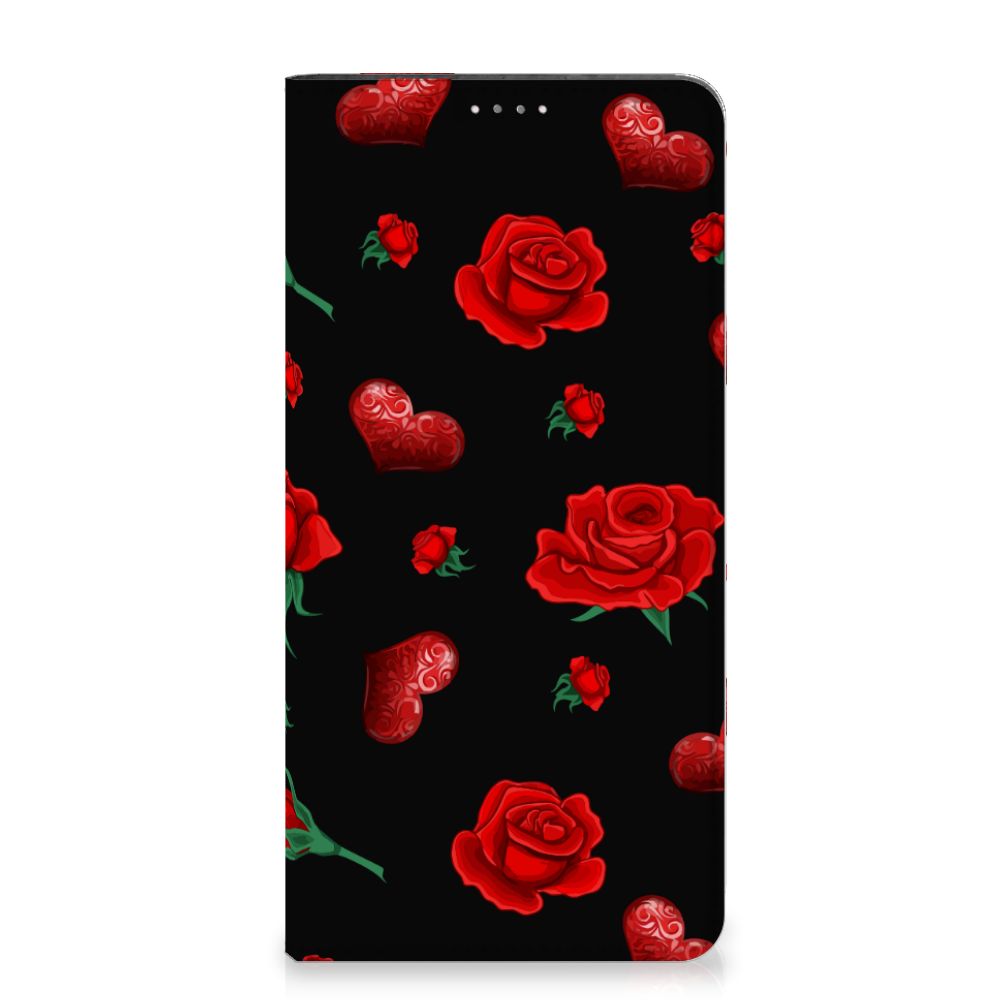 Samsung Galaxy A14 4G Magnet Case Valentine design with red roses and hearts on a black background.