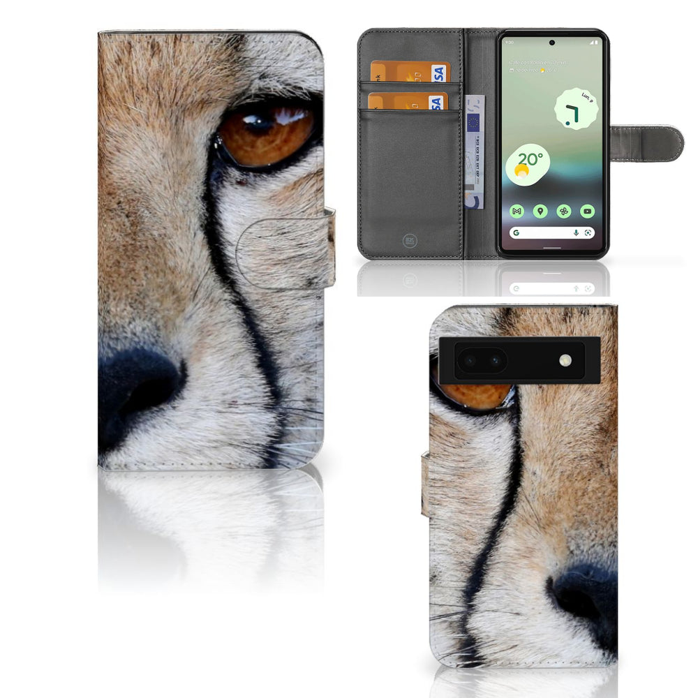 Google Pixel 6A Telefoonhoesje met Pasjes Cheetah met close-up van cheeta's gezicht en pasjesruimte.