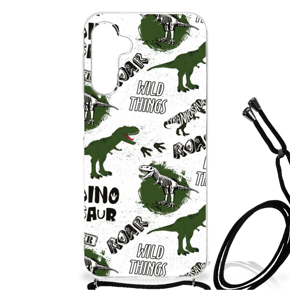 Case Anti-shock voor Samsung Galaxy A14 5G Dinosaurus met dino prints en skeletten op een lichte achtergrond.