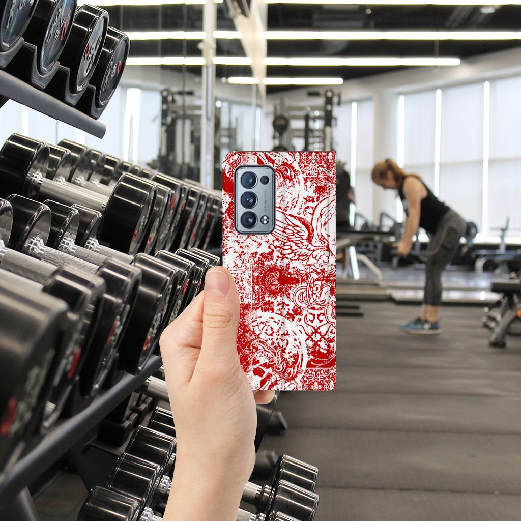 Mobiel BookCase OPPO Reno 6 Pro Plus 5G Angel Skull Rood - B2C Telecom
