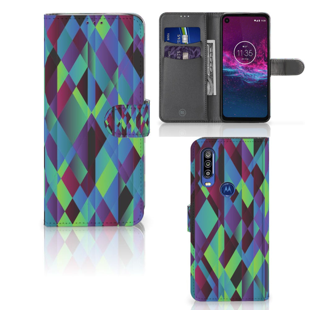 Motorola One Action Book Case Abstract Green Blue