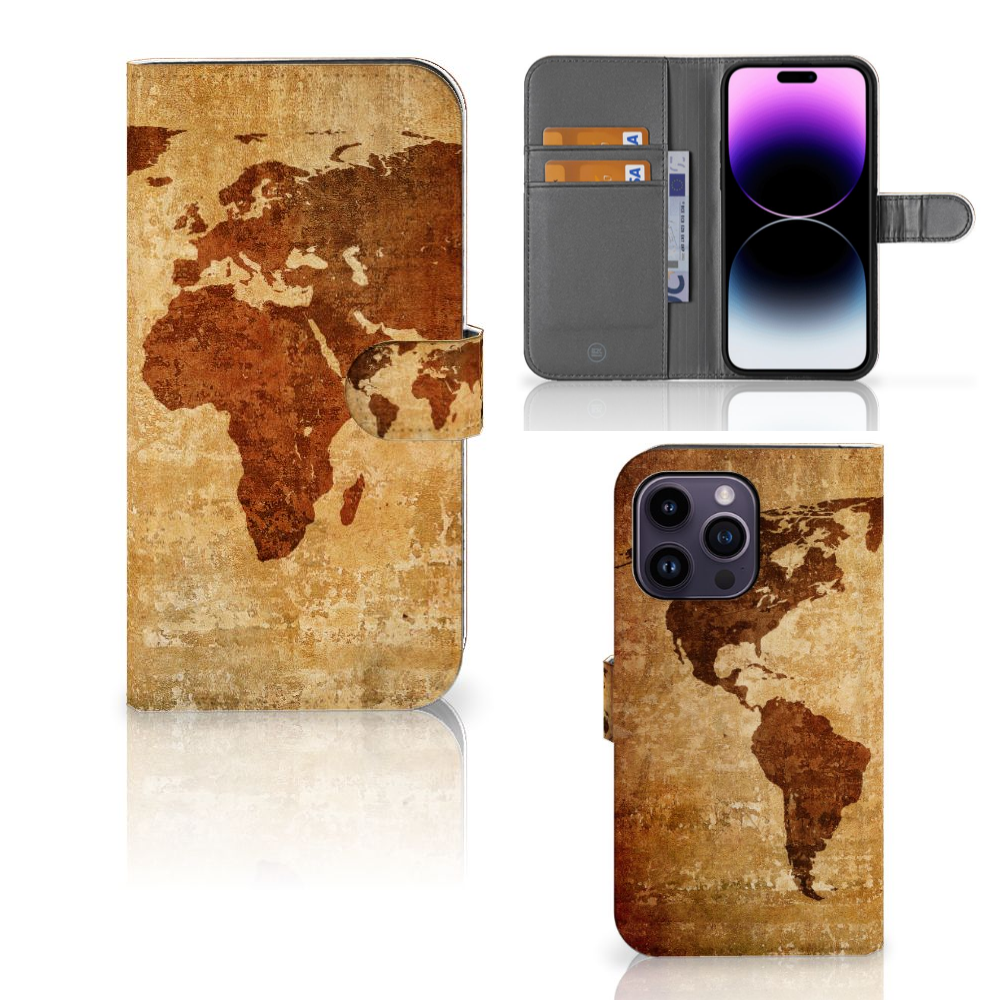 iPhone 15 Pro Max Flip Cover Wereldkaart met wereldkaart ontwerp en pasjeshouders đ