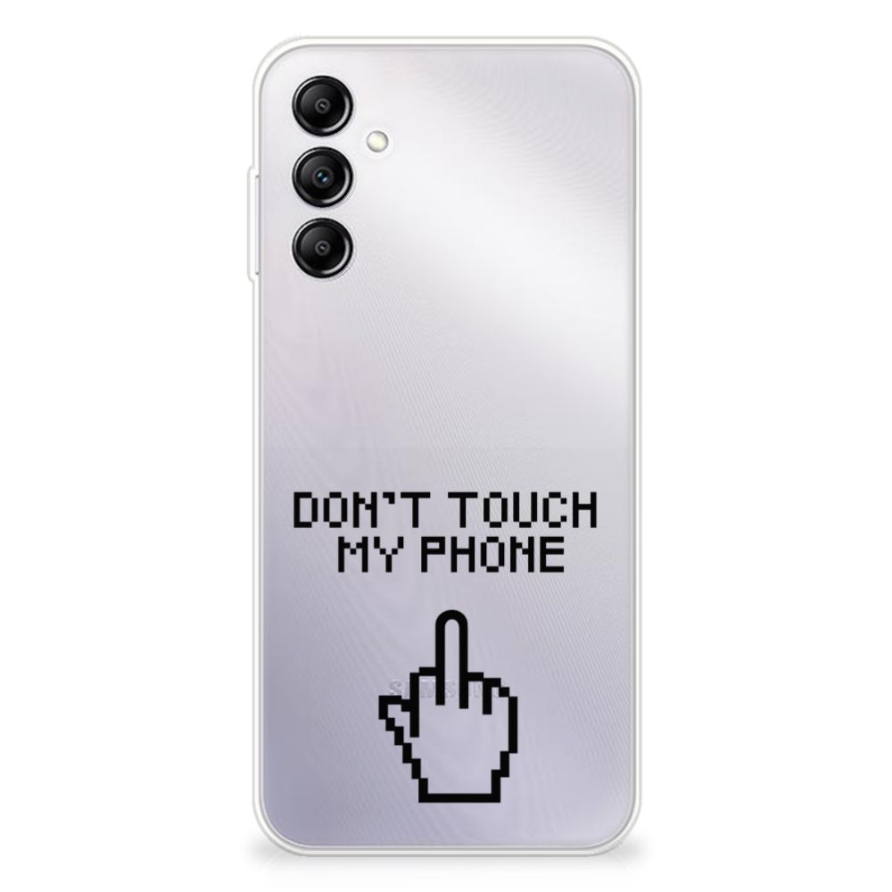 Samsung Galaxy A14 5G Silicone-hoesje Finger Don't Touch My Phone design met tekst en vinger afbeelding.