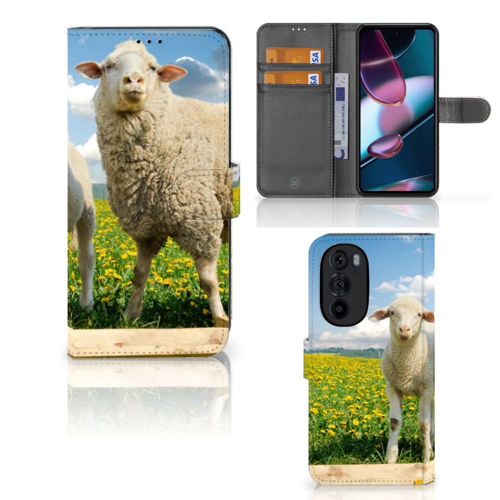 Motorola Edge 30 Pro Telefoonhoesje met Pasjes Schaap en Lammetje