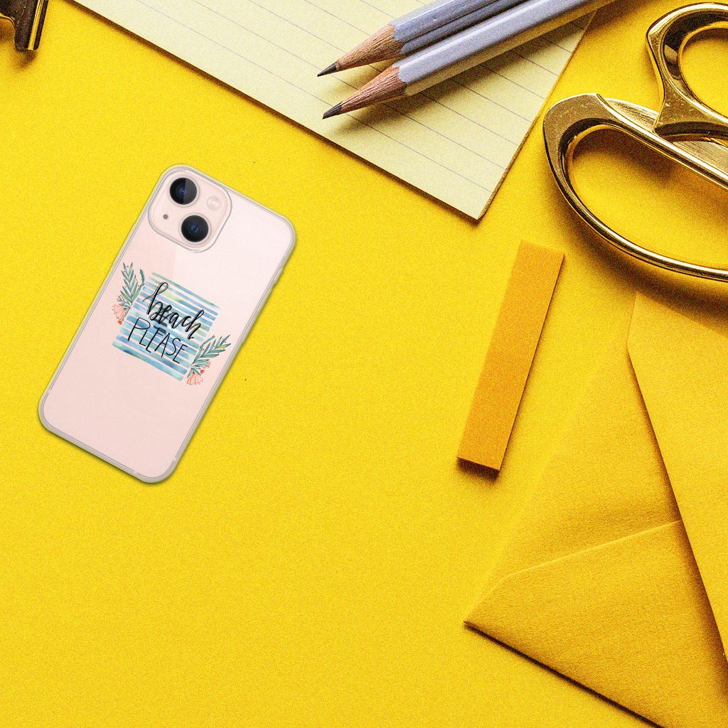 iPhone 13 mini Telefoonhoesje met Naam Boho Beach met âBeach Pleaseâ ontwerp op een gele achtergrond.