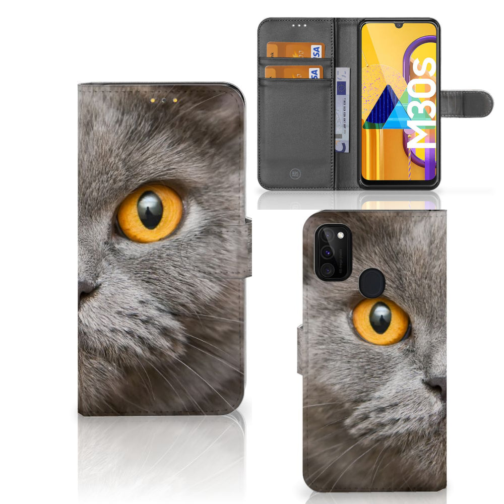Telefoonhoesje met Pasjes Samsung Galaxy M21 | M30s Britse Korthaar met afbeelding van een kat met opvallende ogen.