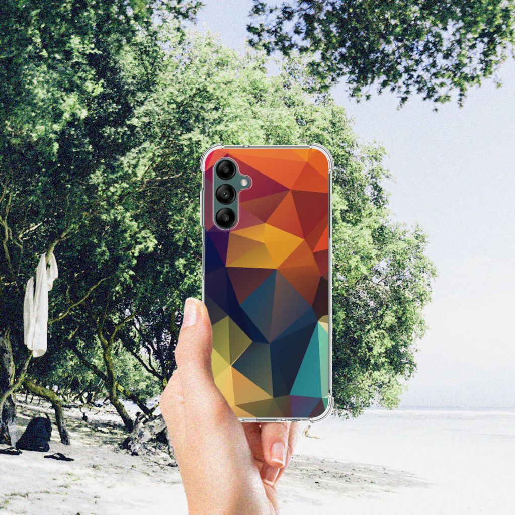 Samsung Galaxy A14 5G/4G Shockproof Case Polygon Color design held outdoors on a beach.