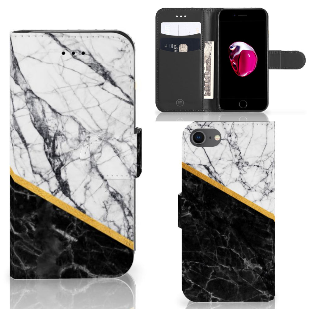 iPhone 7 | 8 | SE (2020) | SE (2022) Bookcase Marmer Wit Zwart - Origineel Cadeau Man