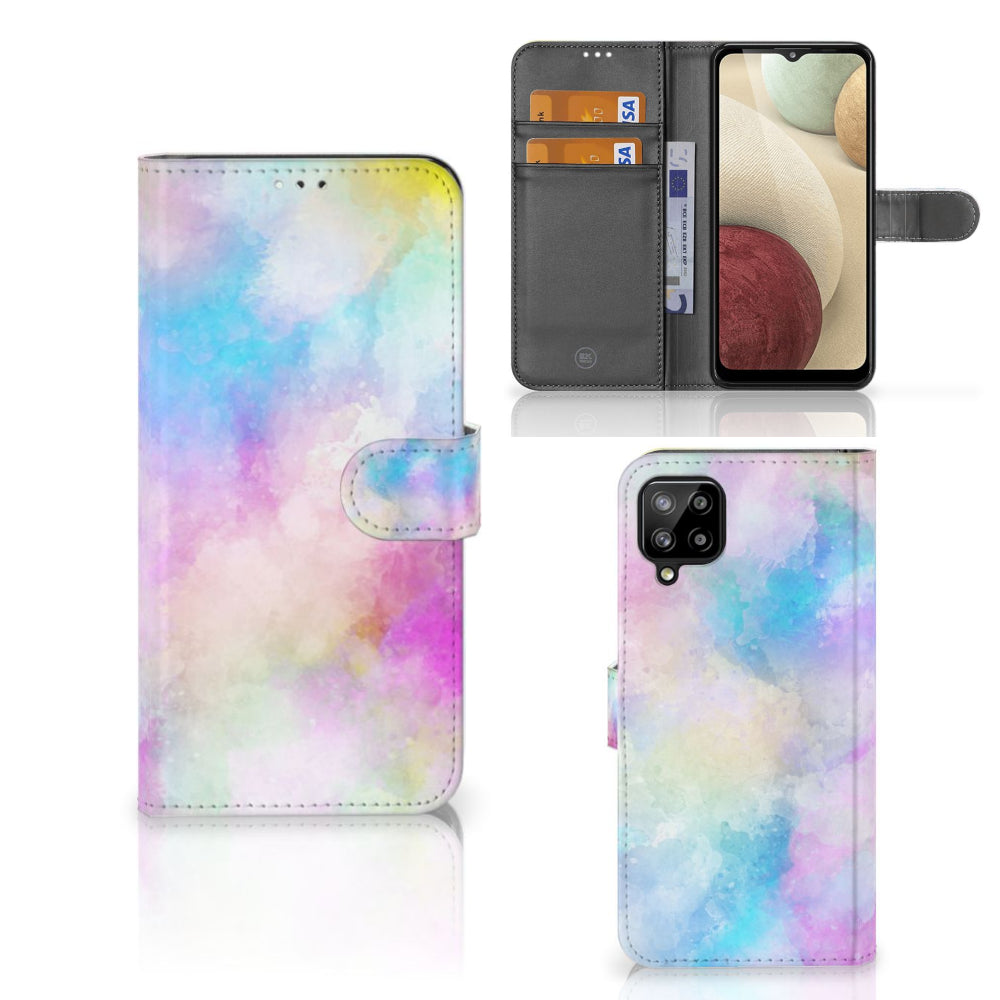 Hoesje Samsung Galaxy A12 Watercolor Light met pastelkleuren en pasjeshouder, uniek en kleurrijk ontwerp.