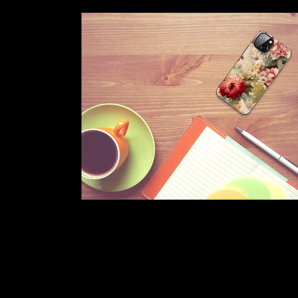 Hoesje maken voor Samsung Galaxy A14 5G Watercolor Paars naast een kopje koffie en notitieboek.