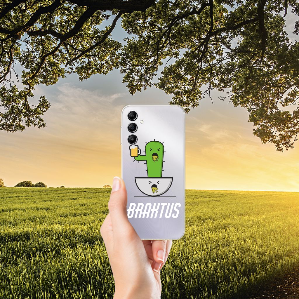 Samsung Galaxy A14 5G Telefoonhoesje met Naam Braktus met cactusprint in hand, tegen een natuurachtergrond.