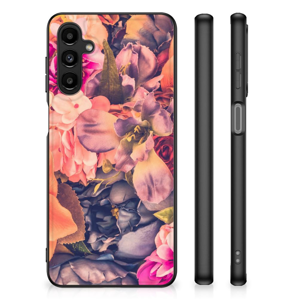 Samsung Galaxy A14 5G Bloemen Hoesje Bosje Bloemen met kleurrijke bloemenprint, zwart omhulsel en schokabsorberend design.