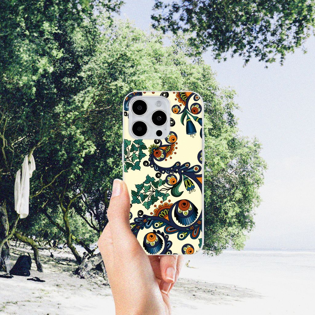 Siliconen Hoesje iPhone 15 Pro Max Barok Flower met kleurrijke bloemen en ogen in een natuurlijke omgeving đ¸.