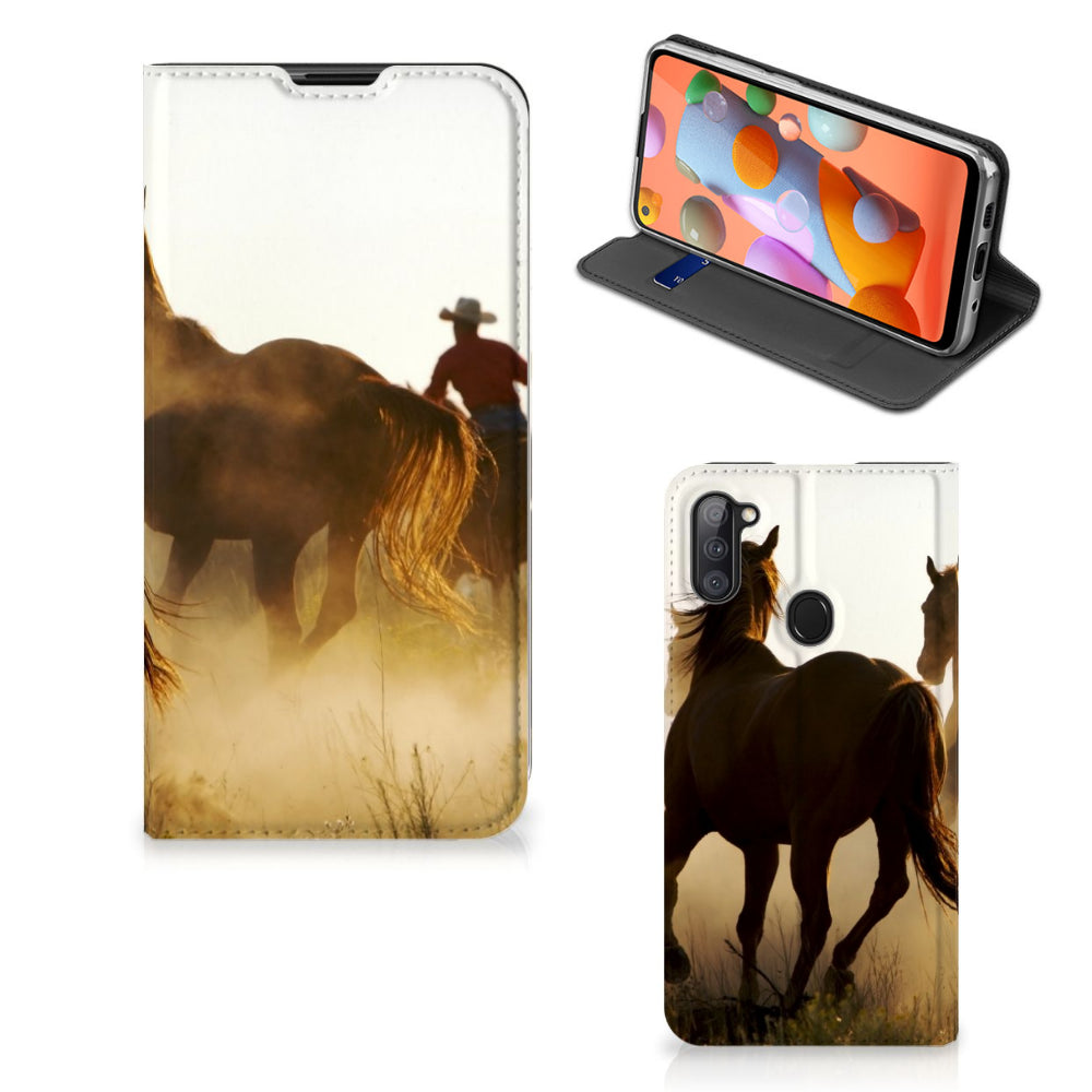 Samsung Galaxy M11 | A11 Hoesje maken Design Cowboy met paardenprint en cowboy in silhouet.