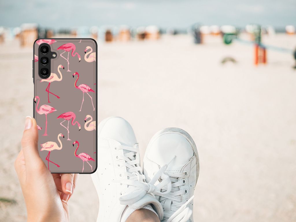 Samsung Galaxy A14 5G Dierenprint Telefoonhoesje Flamingo met flamingo's in een zomerse omgeving.