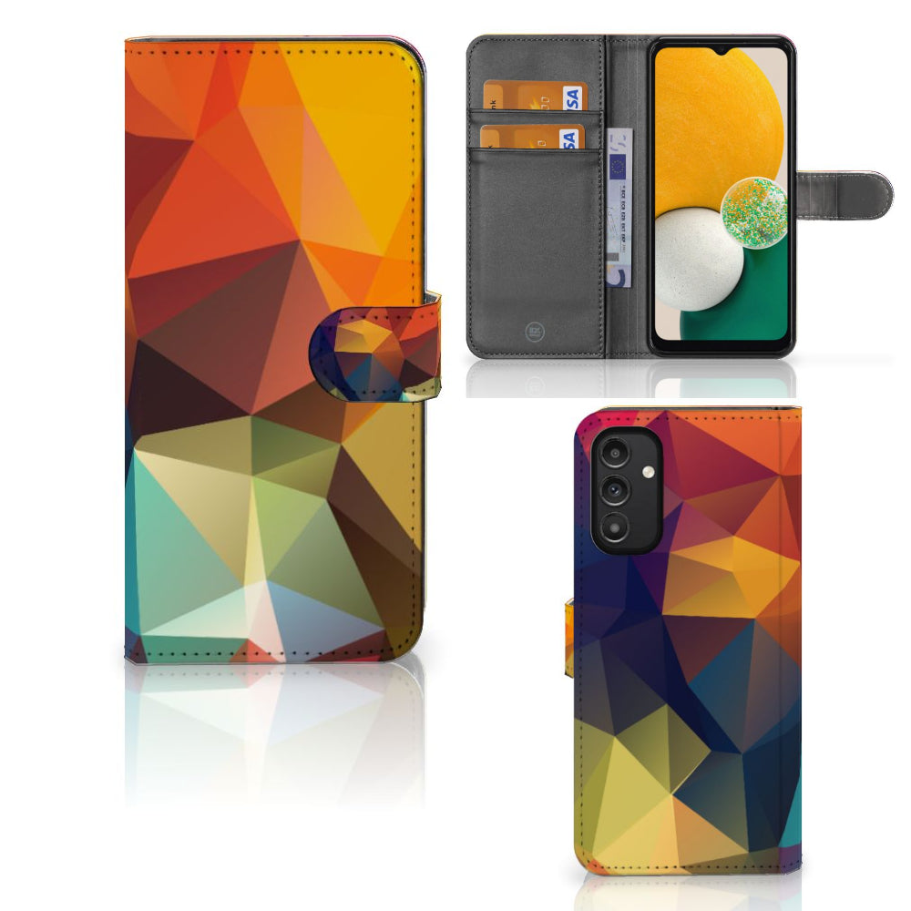 Samsung Galaxy A14 4G Book Case Polygon Color met kleurrijk geometrisch ontwerp en georganiseerde pasjeshouders.