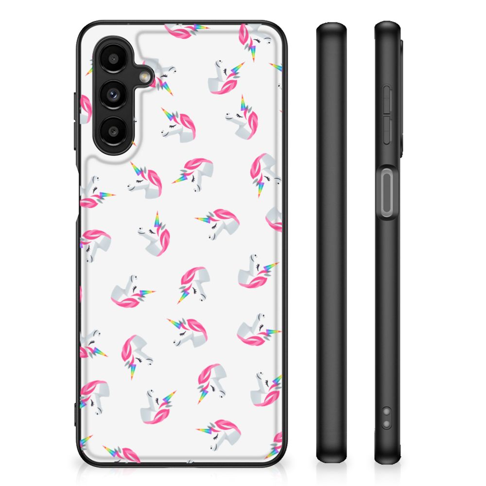 Back Case voor Samsung Galaxy A14 5G Unicorns met kleurrijke eenhoorns op een witte achtergrond.