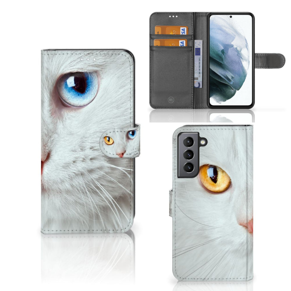 Samsung Galaxy S21 FE Telefoonhoesje met Pasjes Witte Kat