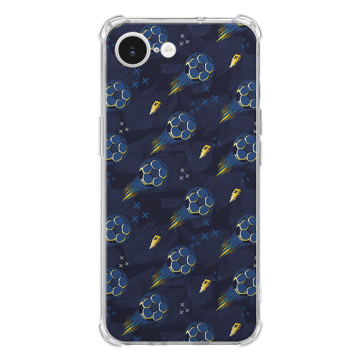 Apple iPhone 16e Hoesje - Voetbal TPU Antishock met voetbal en bliksem design op een transparante achtergrond.