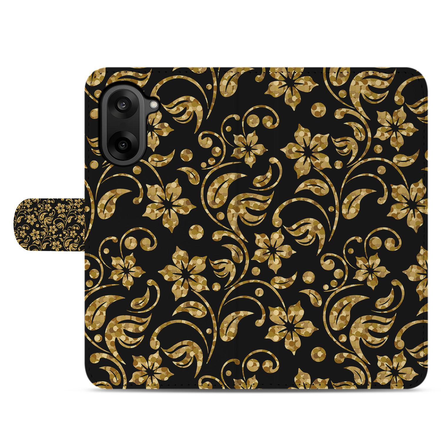 OnePlus Nord CE 5 Elegant Gouden Bloemen Bookcase Hoesje voor OnePlus Nord CE 5 met Pasjesvak design gouden bloemen aanzicht