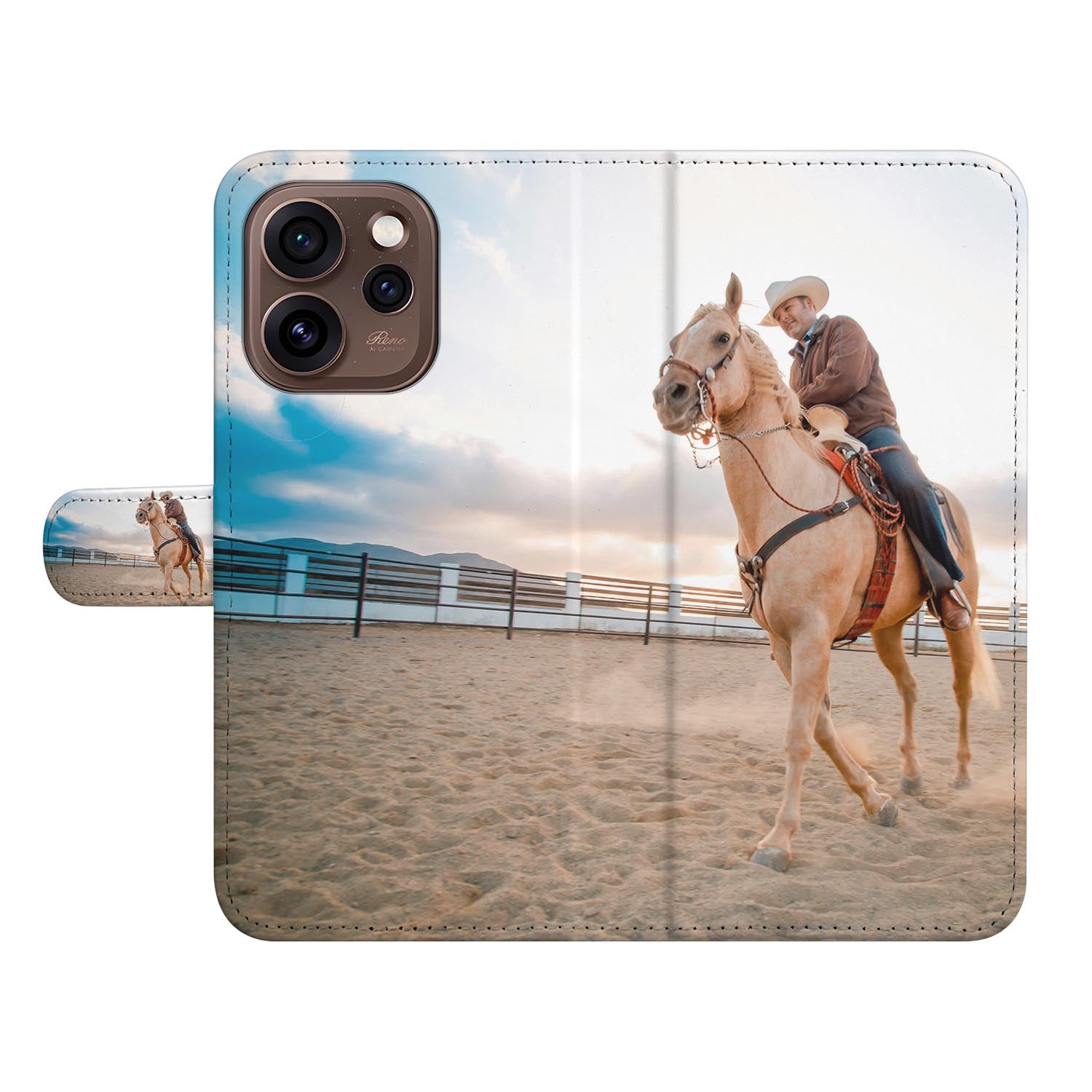 OPPO Reno15 Pro Bookcase Hoesje Maken met Eigen Foto met cowboy en paard in de manege.