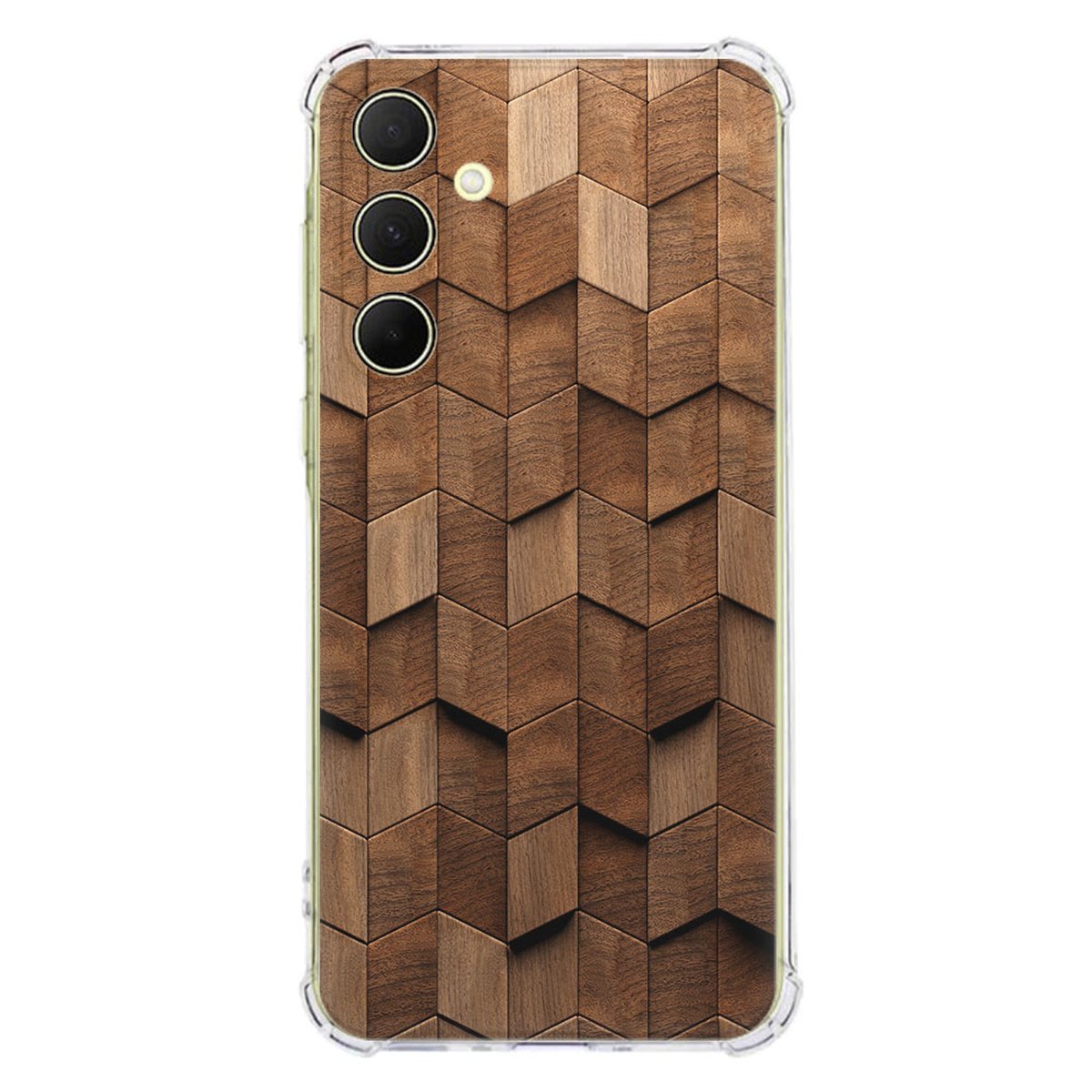 Apple iPhone 16e Hoesje - Wooden Cubes TPU Antishock met 3D-houtmotief en schokbestendigheid.