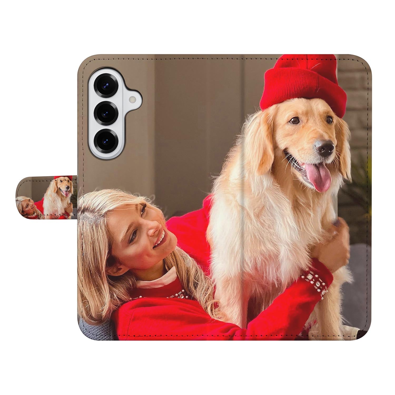Samsung Galaxy S26 Plus Bookcase Hoesje Maken met Foto Dierbare familie foto Vrouw met hond Aanzicht.