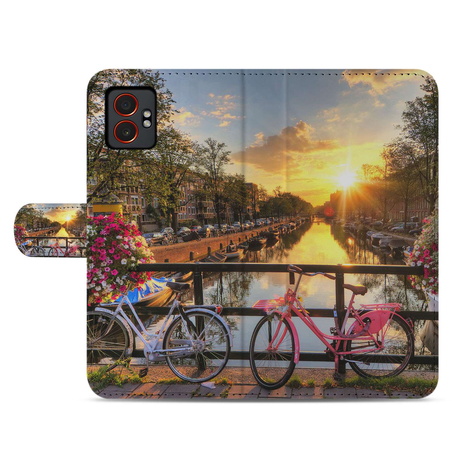 Samsung Galaxy Xcover 7 Pro Portemonnee Hoesje Amsterdamse Grachten fietsen grachten zonsondergang bloemen