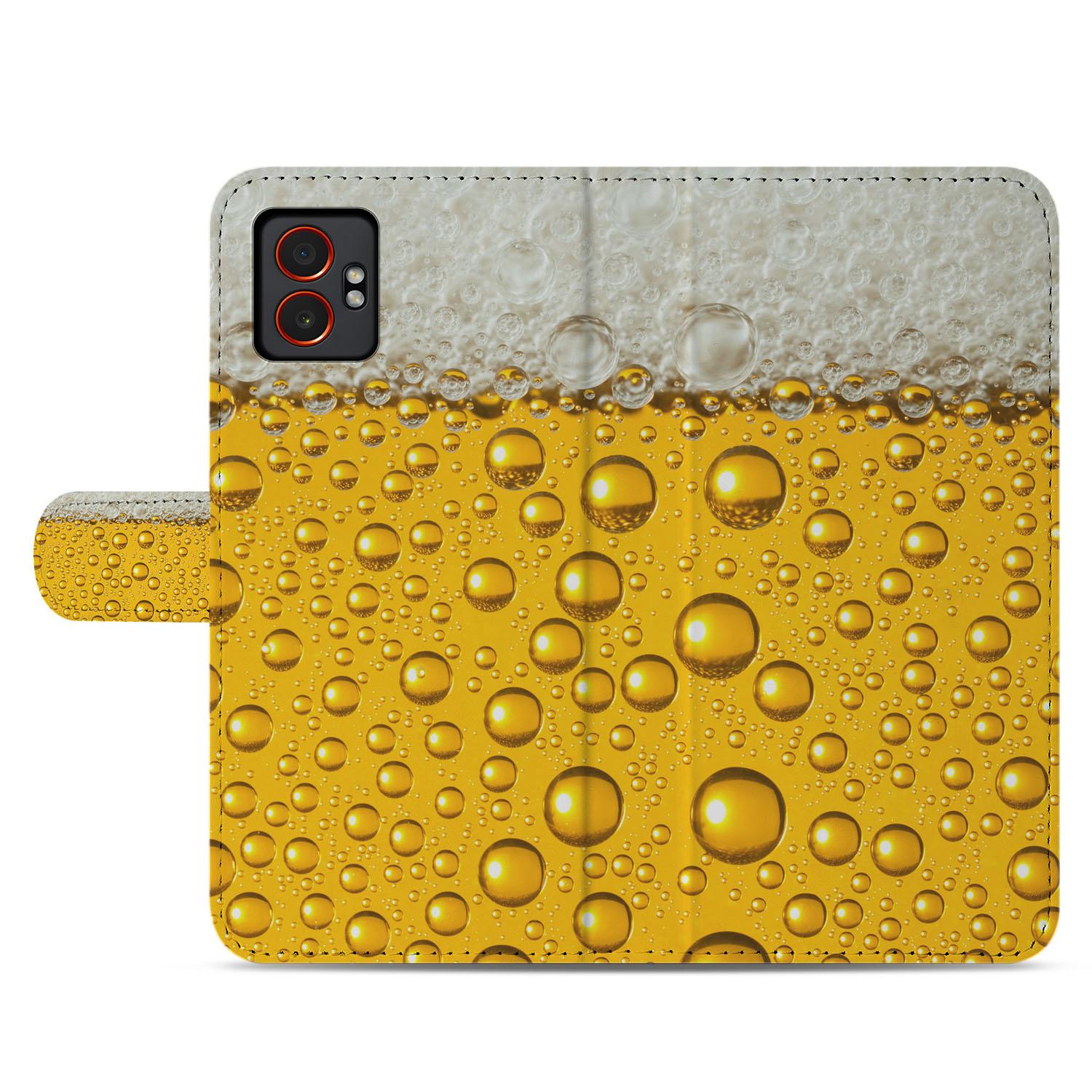 Samsung Galaxy Xcover 7 Pro Bookcase Hoesje Bier Print Geel Sluiting voorkant met schuim en druppels