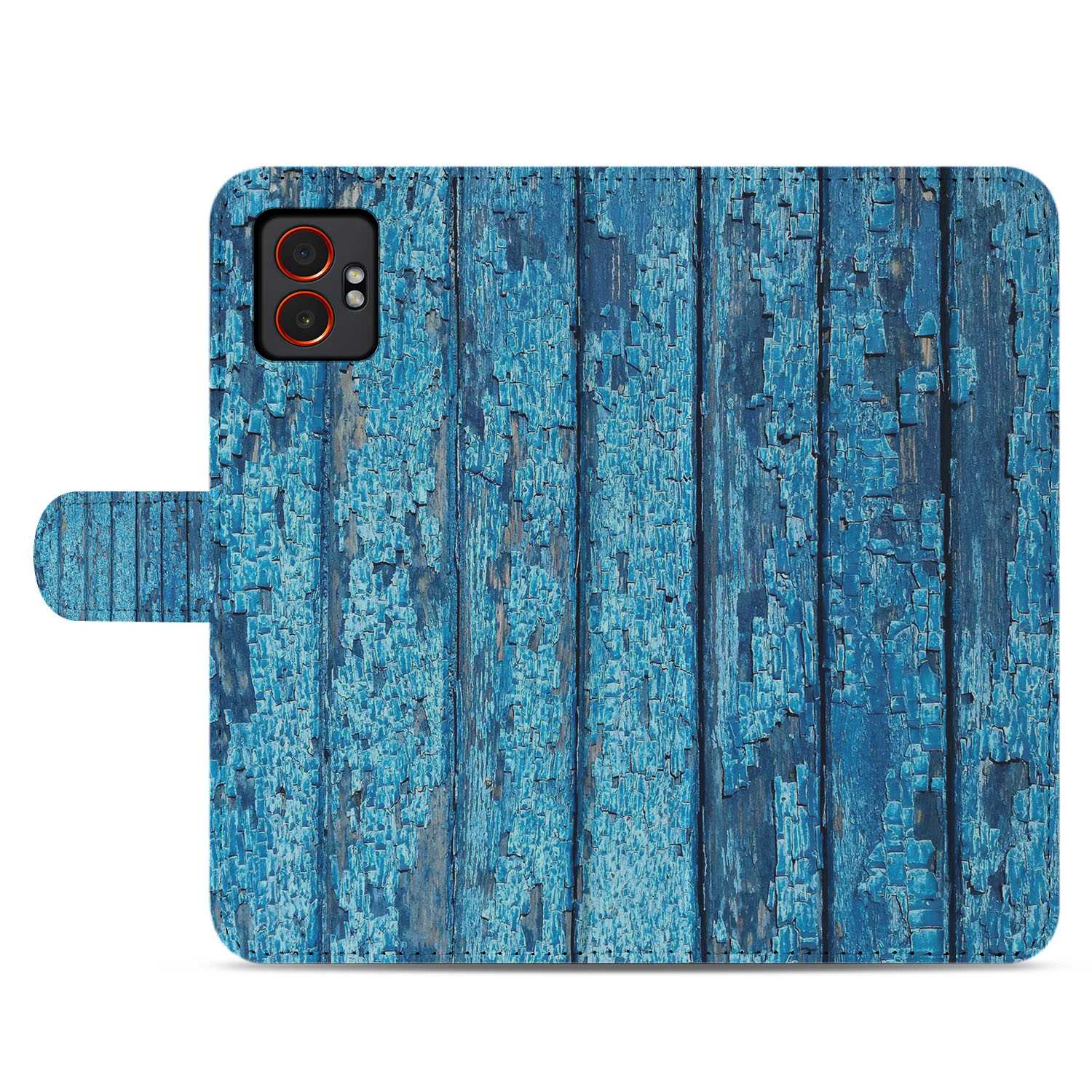 Samsung Galaxy Xcover 7 Pro Book Case & Portemonnee Hoesje Afgebladderd Blauw Hout design houten look aanzicht