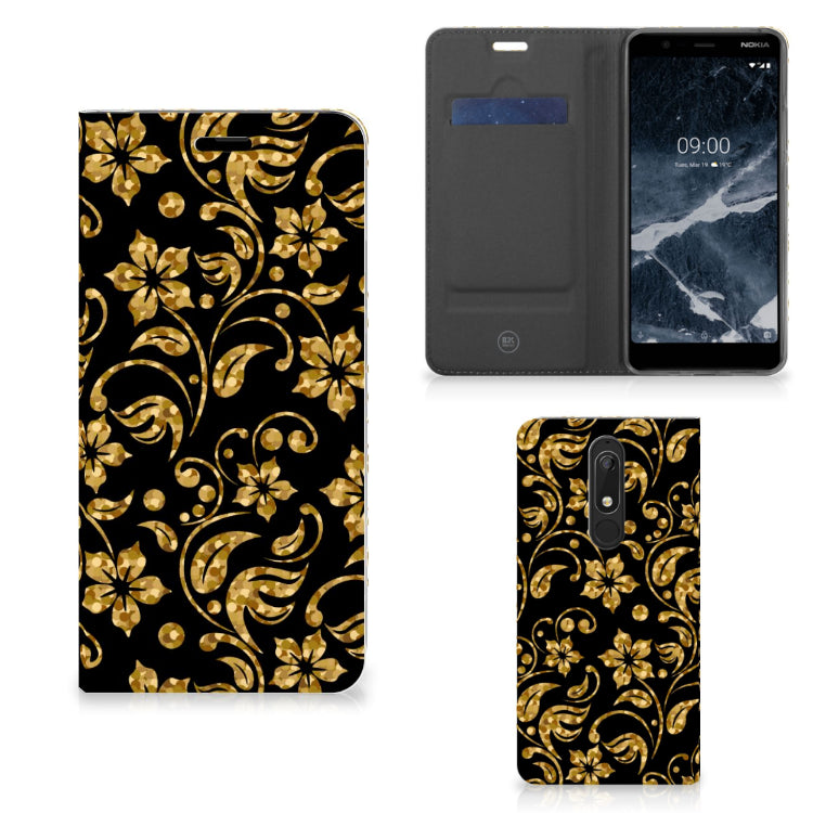 Nokia 5.1 (2018) Smart Cover Gouden Bloemen