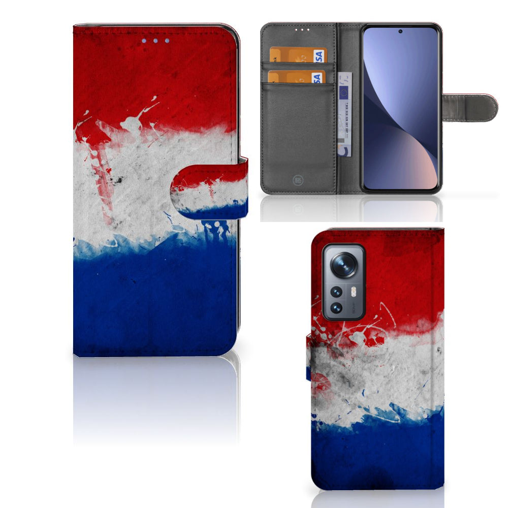 Xiaomi 12 | 12X Bookstyle Case Nederland met artistiek Nederlands vlag design en ruimte voor pasjes.