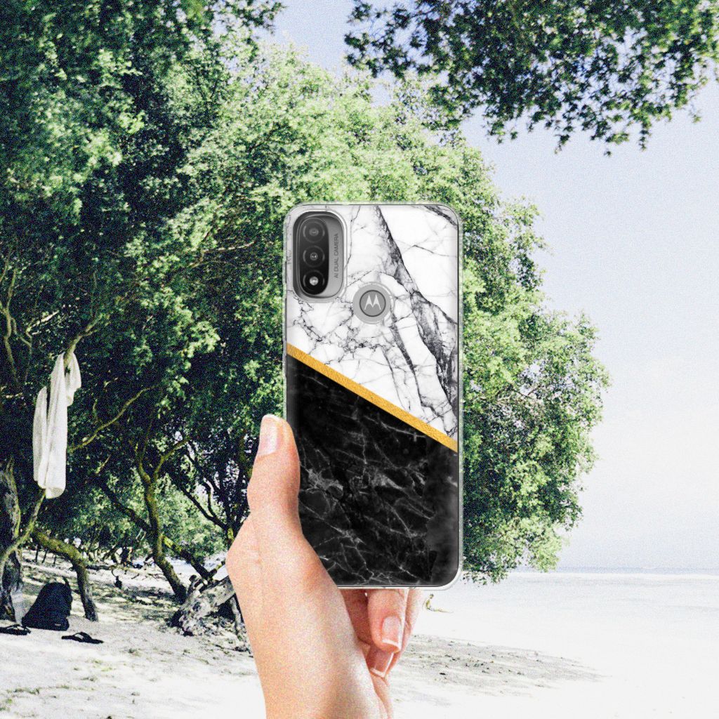Motorola Moto E20 | E40 TPU Siliconen Hoesje Marmer Wit Zwart - Origineel Cadeau Man B2C Telecom