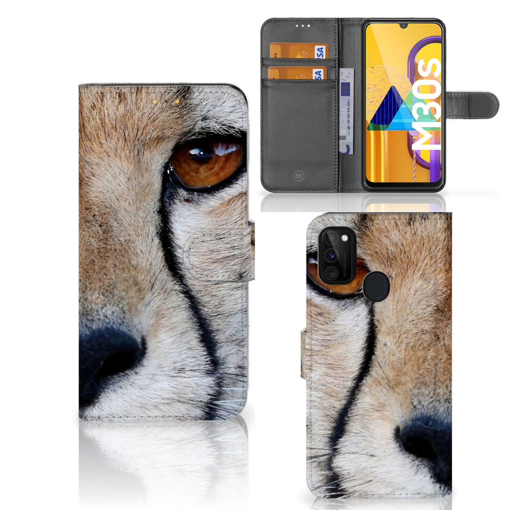 Samsung Galaxy M21 | M30s Telefoonhoesje met Pasjes Cheetah met close-up van cheeta gezicht en pasjesruimte