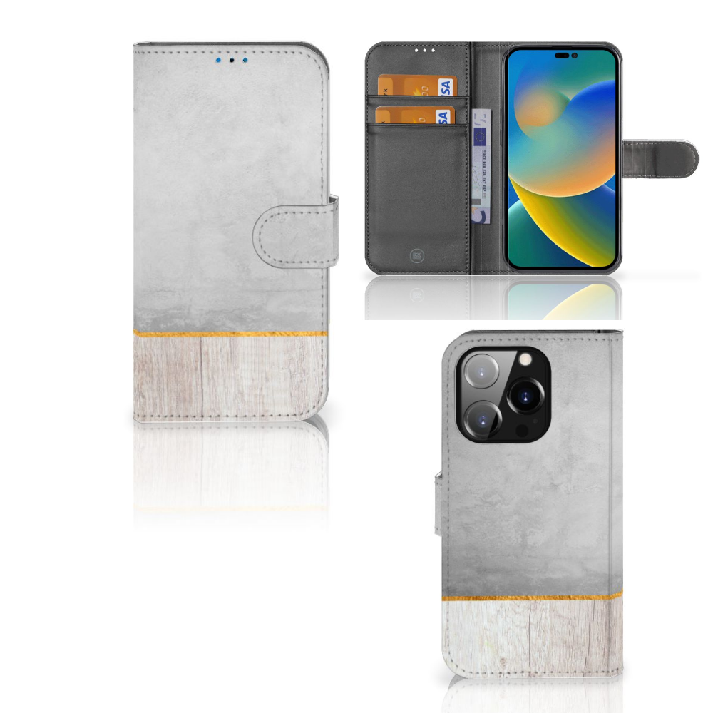 iPhone 14 Pro Book Style Case Wood Concrete met design van beton en hout, perfect voor bescherming en stijl.