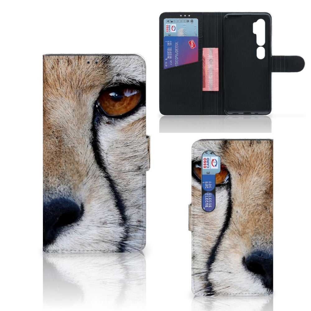 Xiaomi Mi Note 10 Pro Telefoonhoesje met Pasjes Cheetah, close-up afbeelding van cheeta met ruimte voor 3 pasjes.