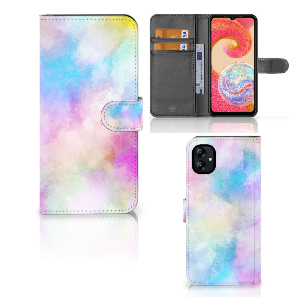 Hoesje Samsung Galaxy A04e Watercolor Light met pasjeshouder en kleurrijk pastelkleurig ontwerp.