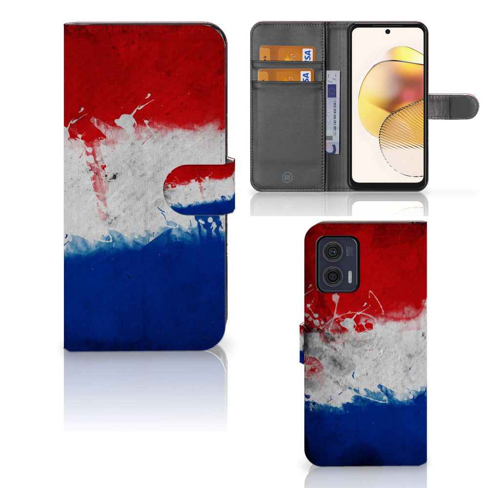Motorola Moto G73 Bookstyle Case Nederland met artistieke Nederlandse vlag design en kaartvakjes