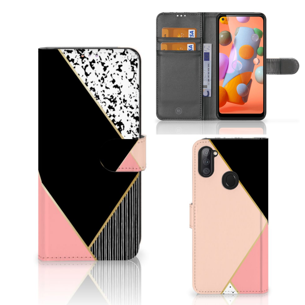 Samsung Galaxy M11 | A11 Book Case Zwart Roze Vormen