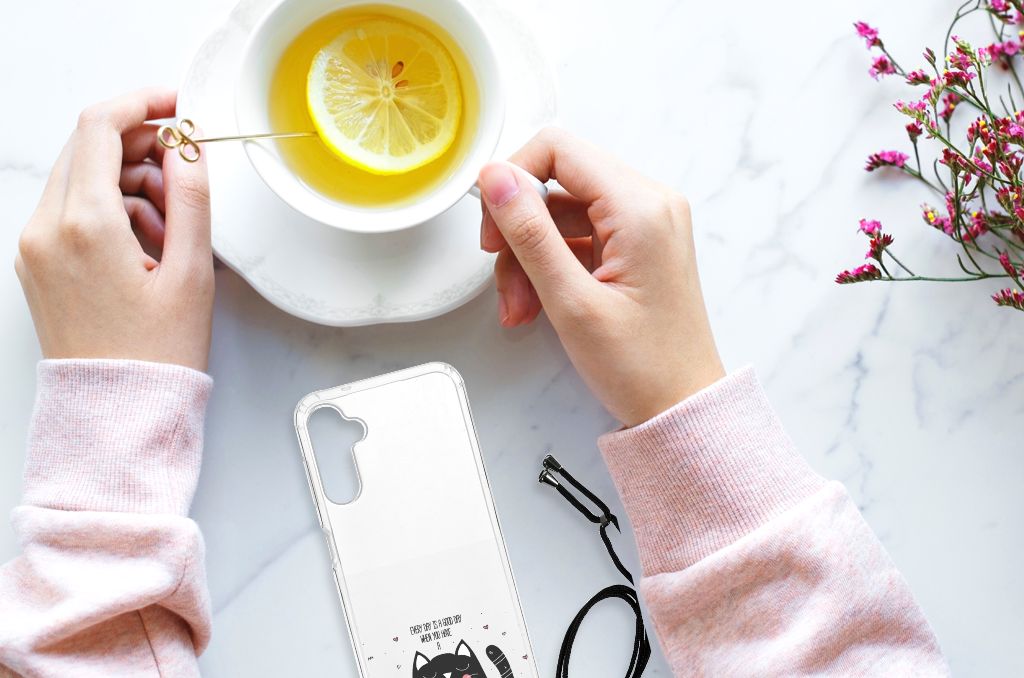 Samsung Galaxy A14 5G Stevig Bumper Hoesje Cat Good Day met een kopje thee