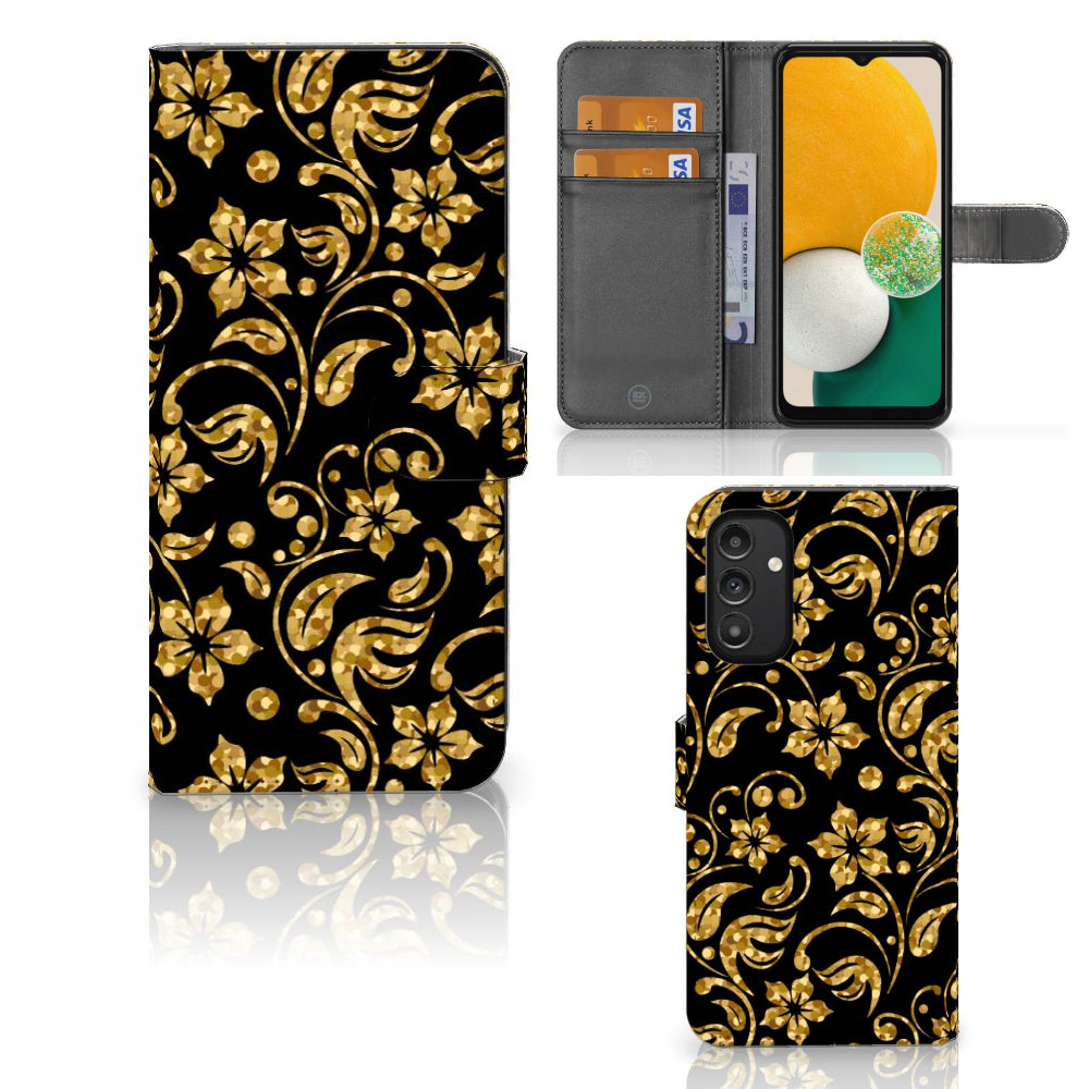 Samsung Galaxy A14 4G Hoesje Gouden Bloemen met uniek gouden bloemen design en vakjes voor pasjes.