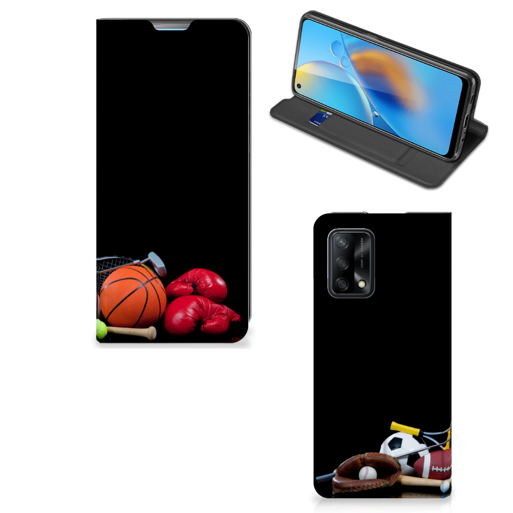 OPPO A74 4G Hippe Standcase Sports met afbeeldingen van verschillende sporten en een houder voor pasjes.