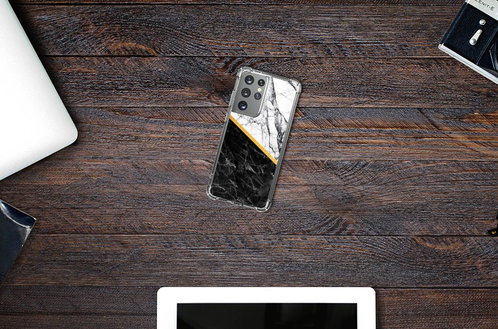 Samsung Galaxy S21 Ultra Anti-Shock Hoesje Marmer Wit Zwart - Origineel Cadeau Man B2C Telecom