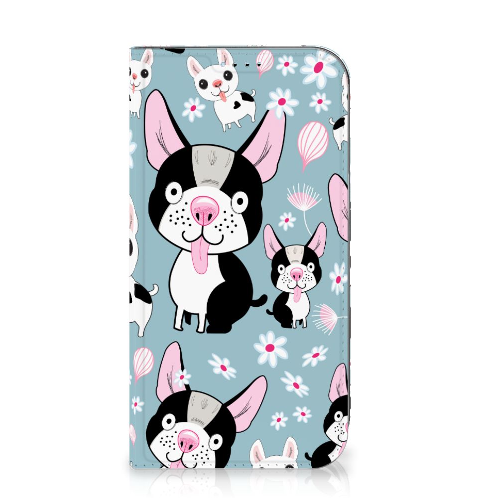 iPhone 15 Hoesje maken Hondjes met schattige zwart-witte hondjes op een blauwe achtergrond đ¸