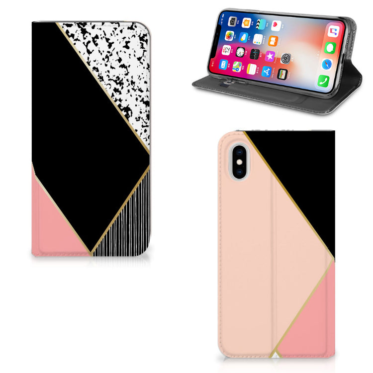 Apple iPhone Xs Max Stand Case Zwart Roze Vormen