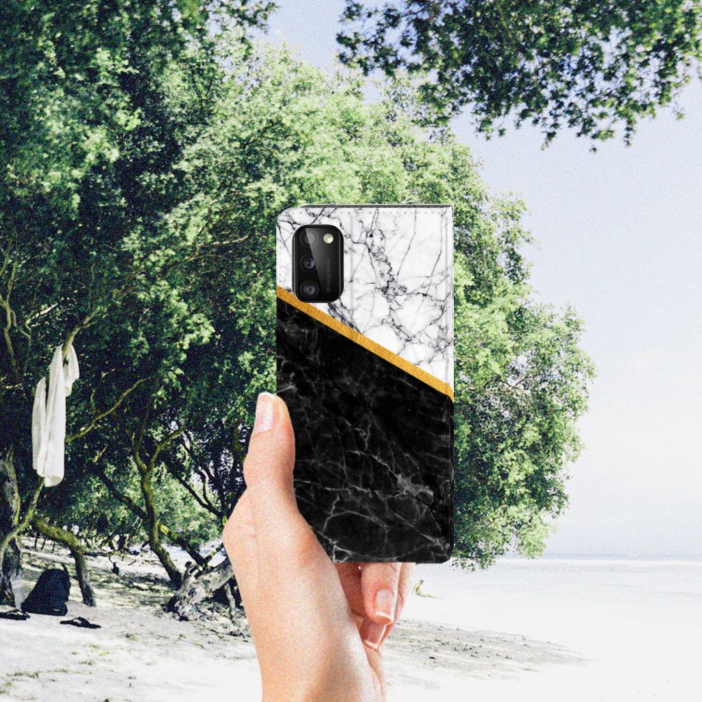 Samsung Galaxy A41 Standcase Marmer Wit Zwart - Origineel Cadeau Man - B2C Telecom