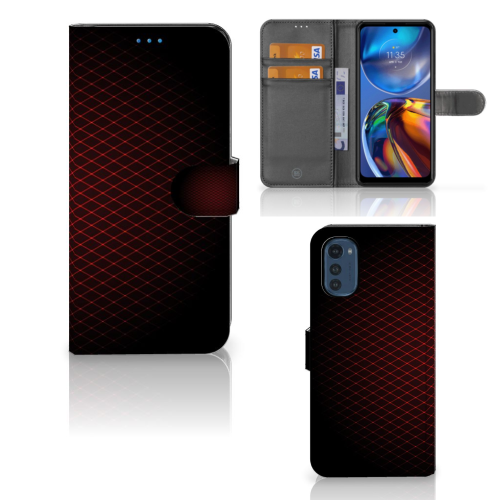 Motorola Moto E32 | Moto E32s Telefoon Hoesje Geruit Rood met ruimte voor 3 pasjes, minimalistisch en opvallend design.