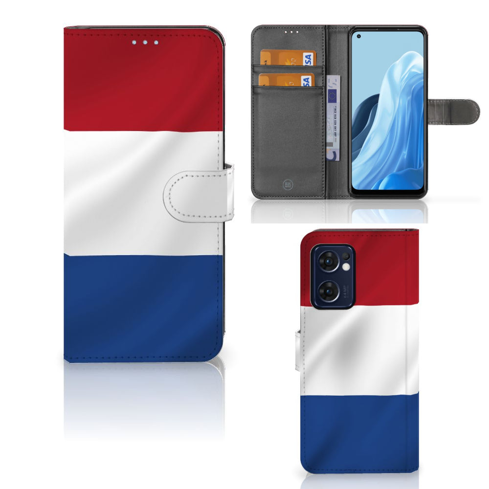 OPPO Find X5 Lite | Reno 7 5G Bookstyle Case Nederlandse Vlag met pasjes en telefoon in beeld.