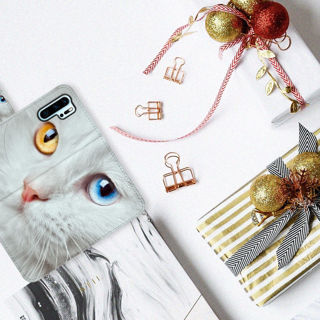 Huawei P30 Pro Telefoonhoesje met Pasjes Witte Kat