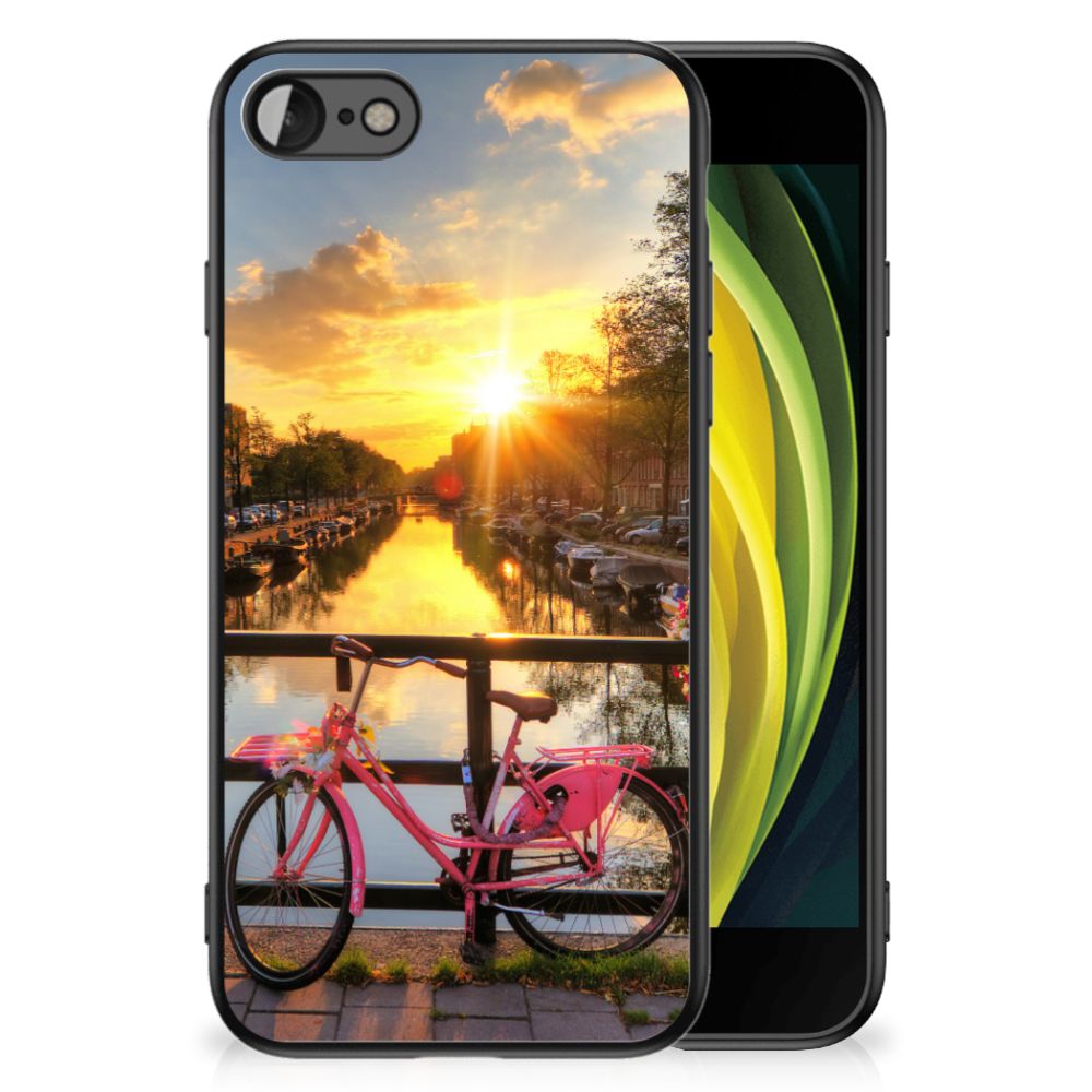 iPhone SE 2022 | SE 2020 | 7/8 TPU Backcover Amsterdamse Grachten with sunset and pink bike design.